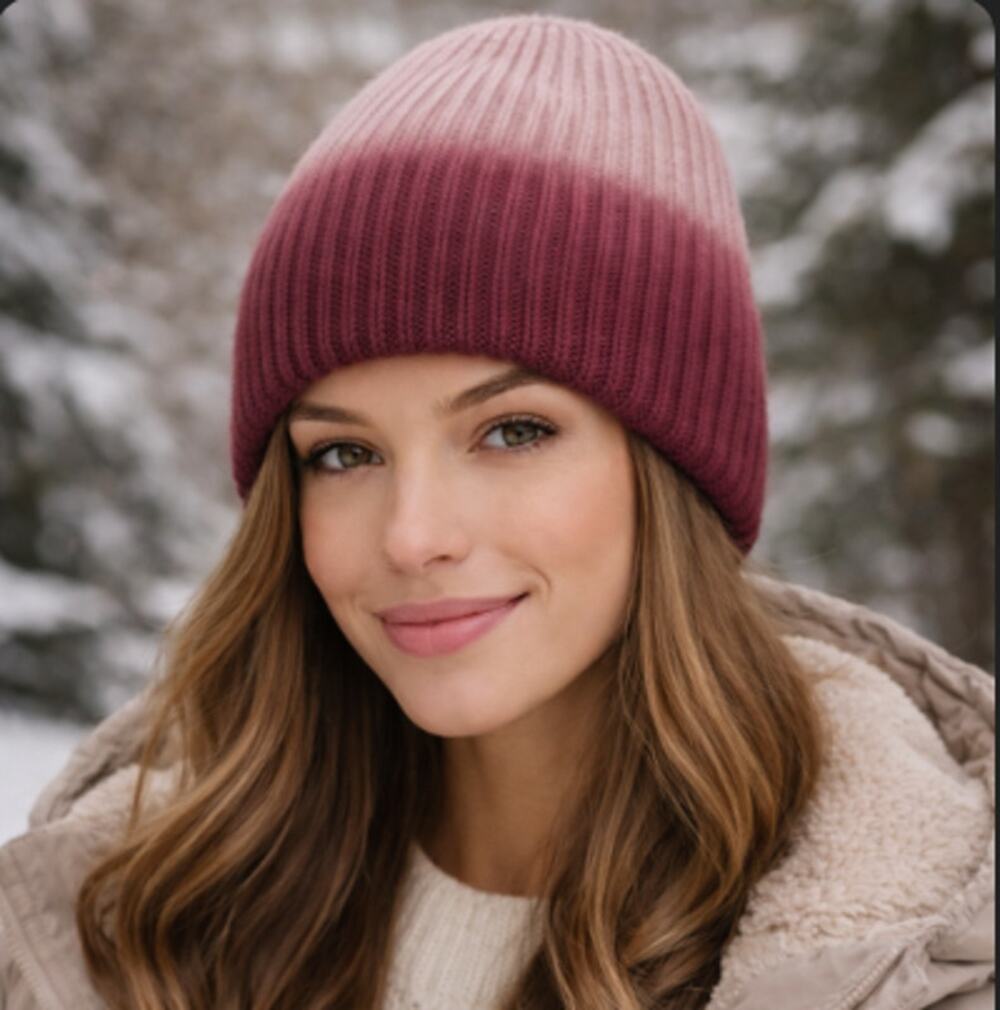 Amicale 100% Cashmere Pink To Maroon Ombre Beanie Hat Luxury Winter Wardrobe